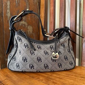 Dooney & Bourke East West Slouch Monogram Canvas Black Leather Y2K Shoulder Bag